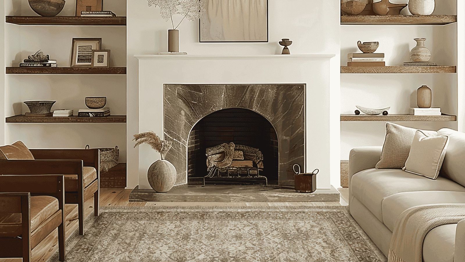 Neutral living room with open wooden shelves either side of a fireplace and a vintage-style rug 