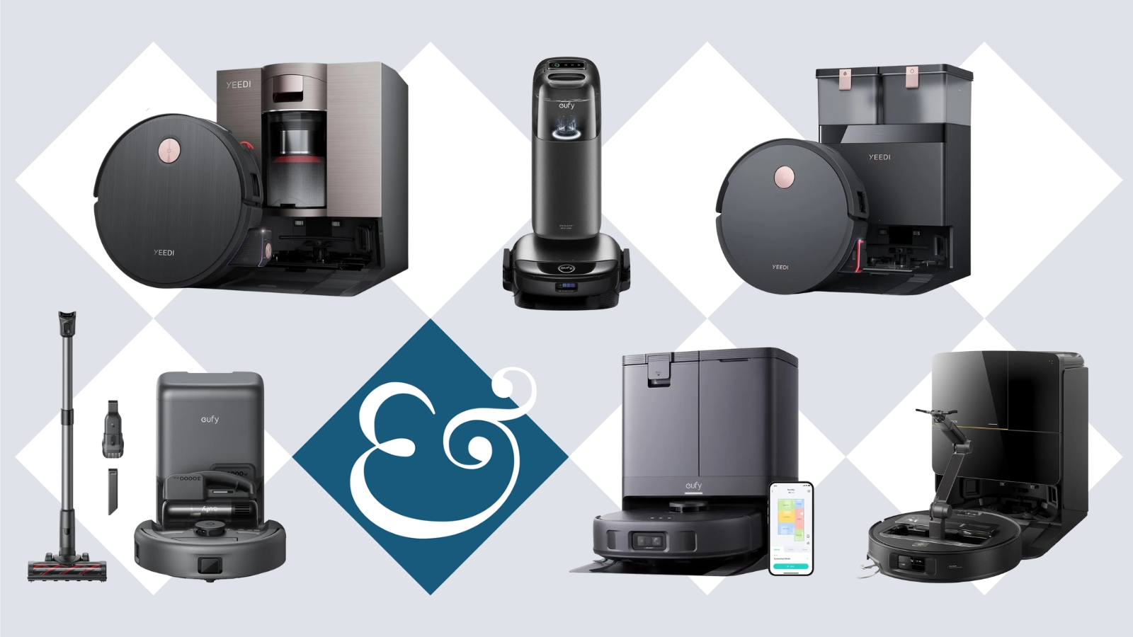 Yeedi, eufy and Roborock robot vacuums on tile background with Homes & Gardens '&' logo.