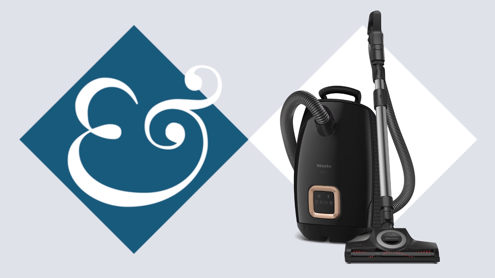 Miele Guard L1 Cat and Dog canister vacuum on tile background next to Homes & Gardens '&' logo.