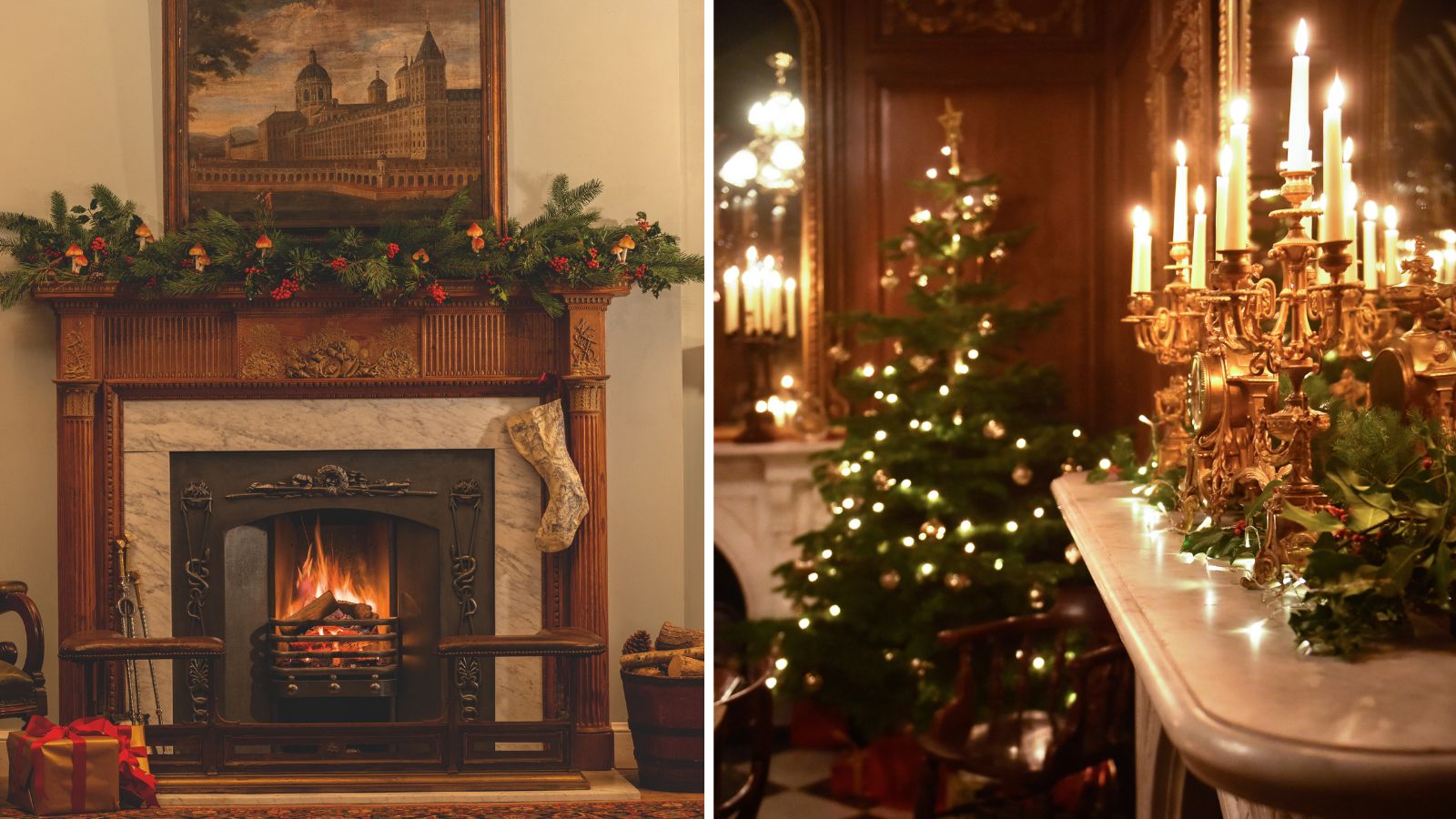 Christmas fireplace with garland and stockings and a mantel with candelabras and christmas tree