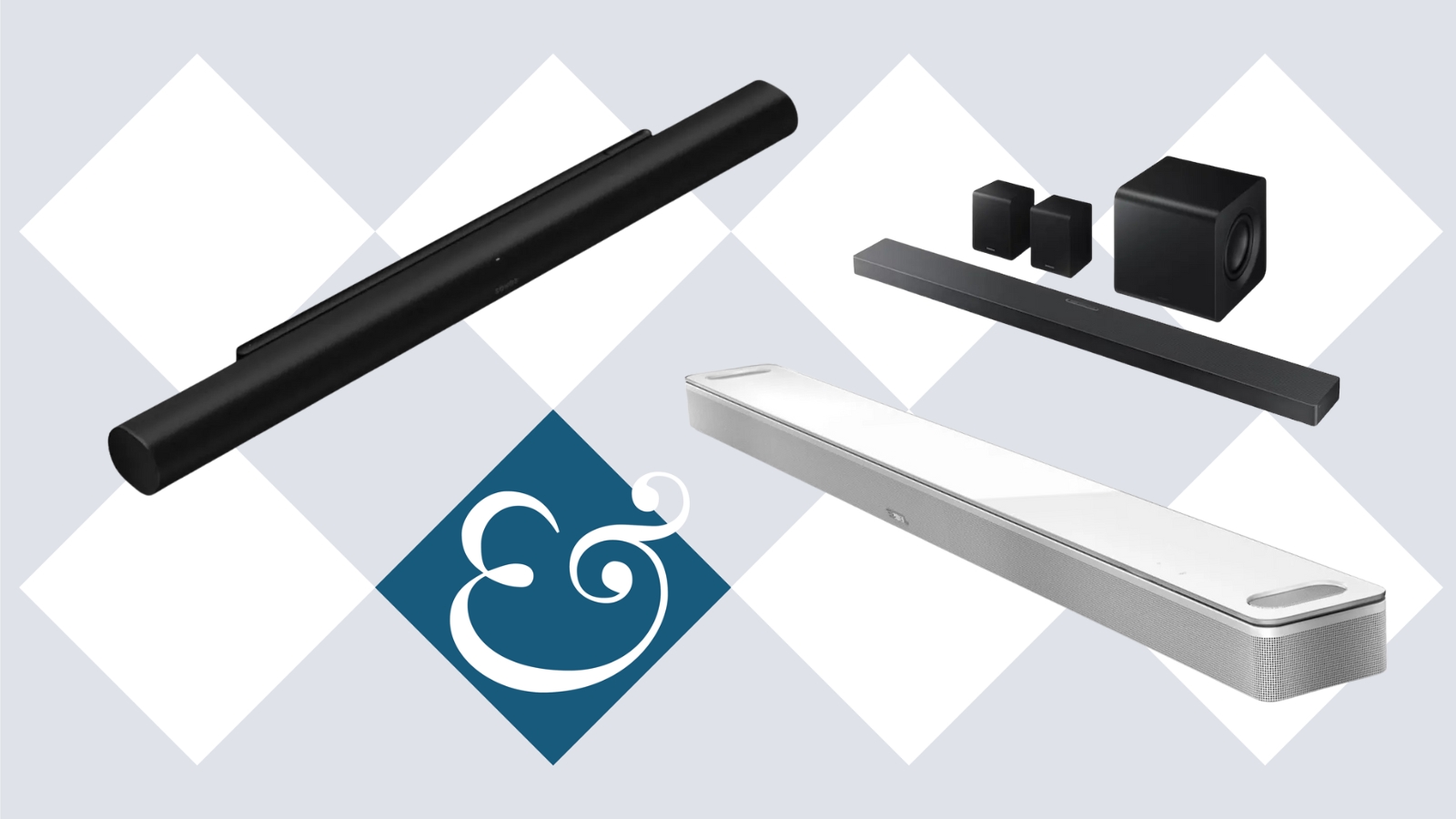 Sonos, Samsung and Bose soundbars on tile background with Homes & Gardens '&' logo. 
