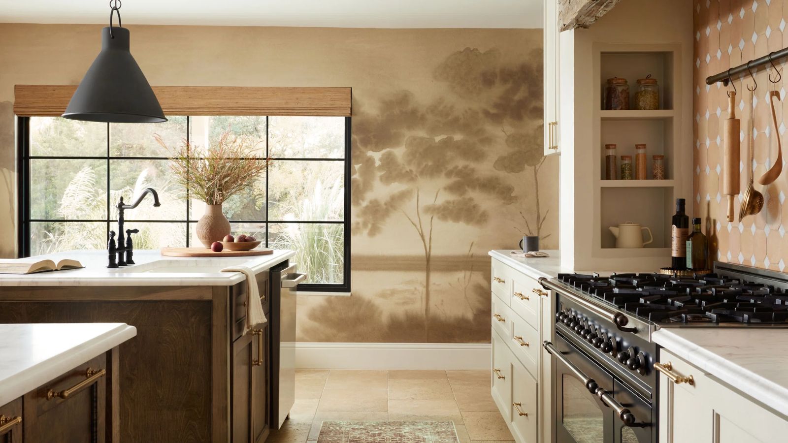 wayfair magnolia home farmhouse kitchen with a large earthy mural wall, wooden island, white cabinets and a range cooker