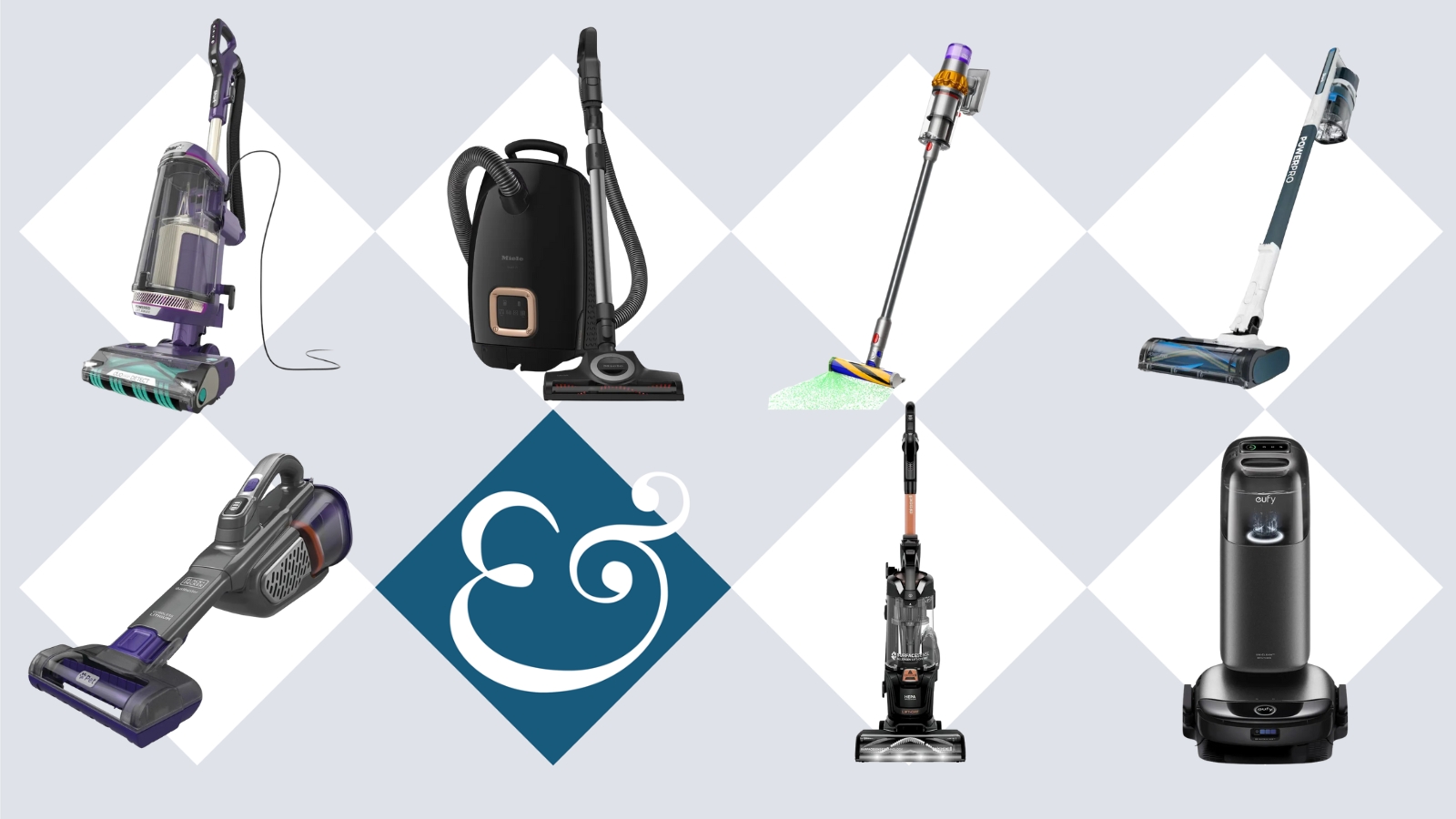 Shark, Miele, Dyson, Black+Decker, Bissell and eufy vacuum cleaners on tile background with Homes & Gardens '&' logo.