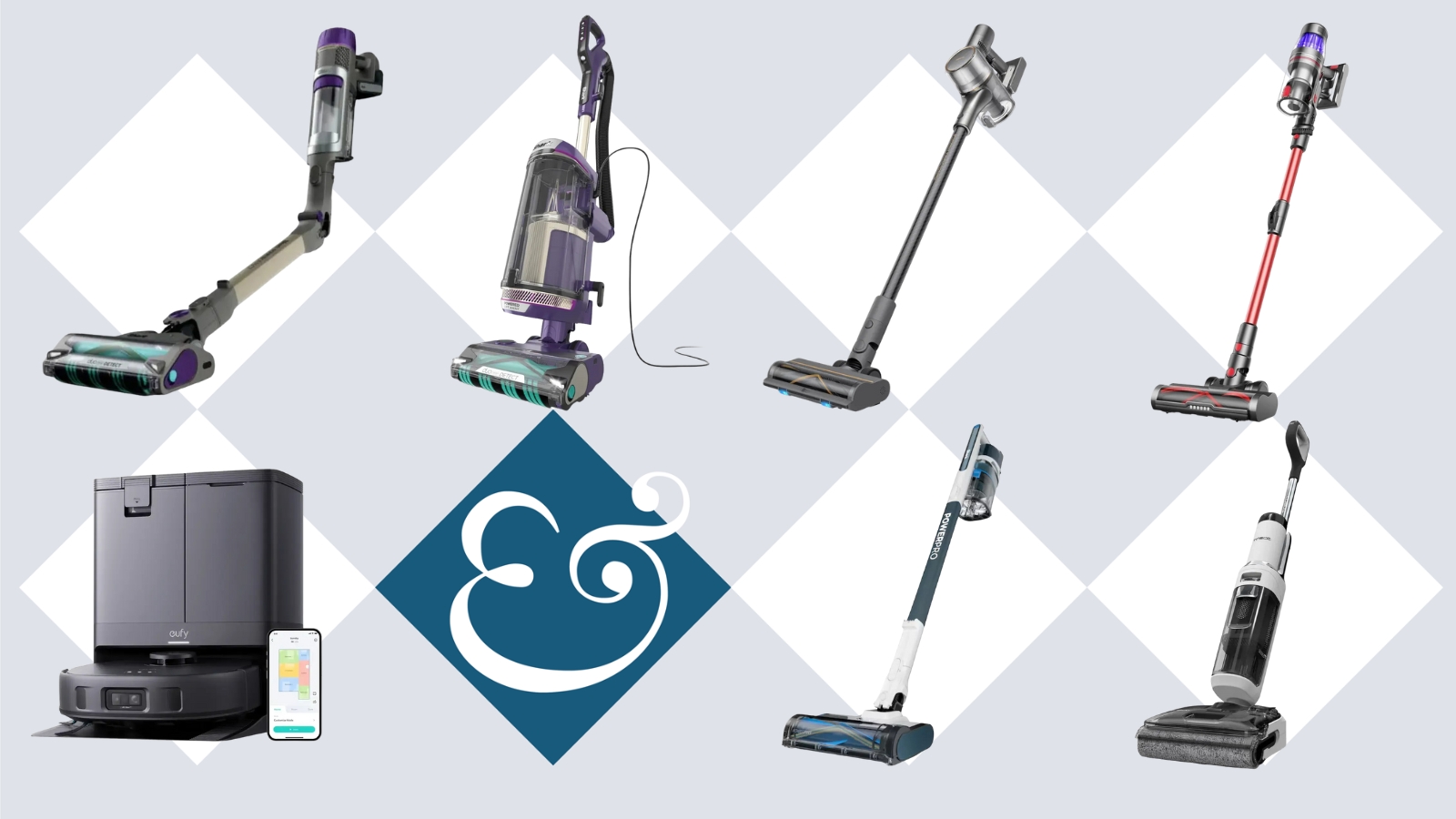 Seven Shark, Dreame, ultenic, eufy, and Tineco vacuums on tile background with Homes & Gardens '&' logo.