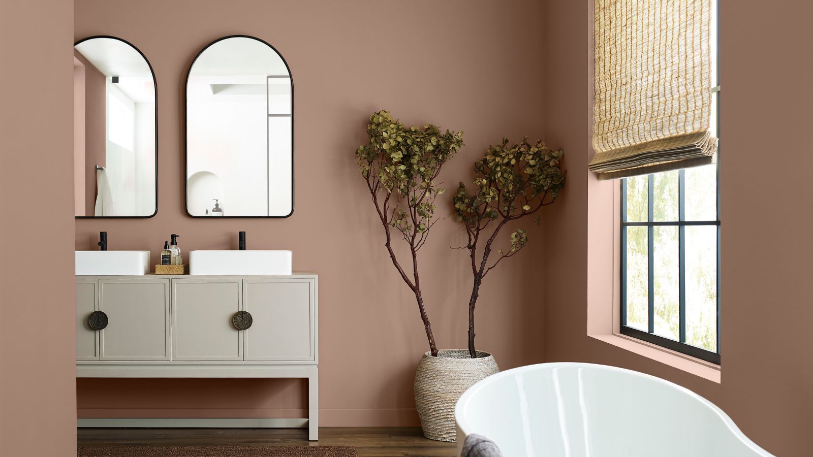 A large bathroom painted in Sherwin-Williams Redend Point