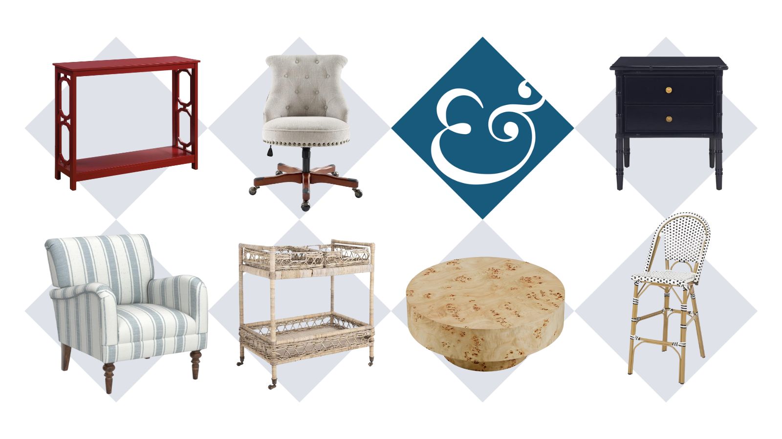 collage of amazon furniture products - red console, white and blue striped armchair, office chair, rattan bar cart, burl wood coffee table, bistro stool and navy nightstand