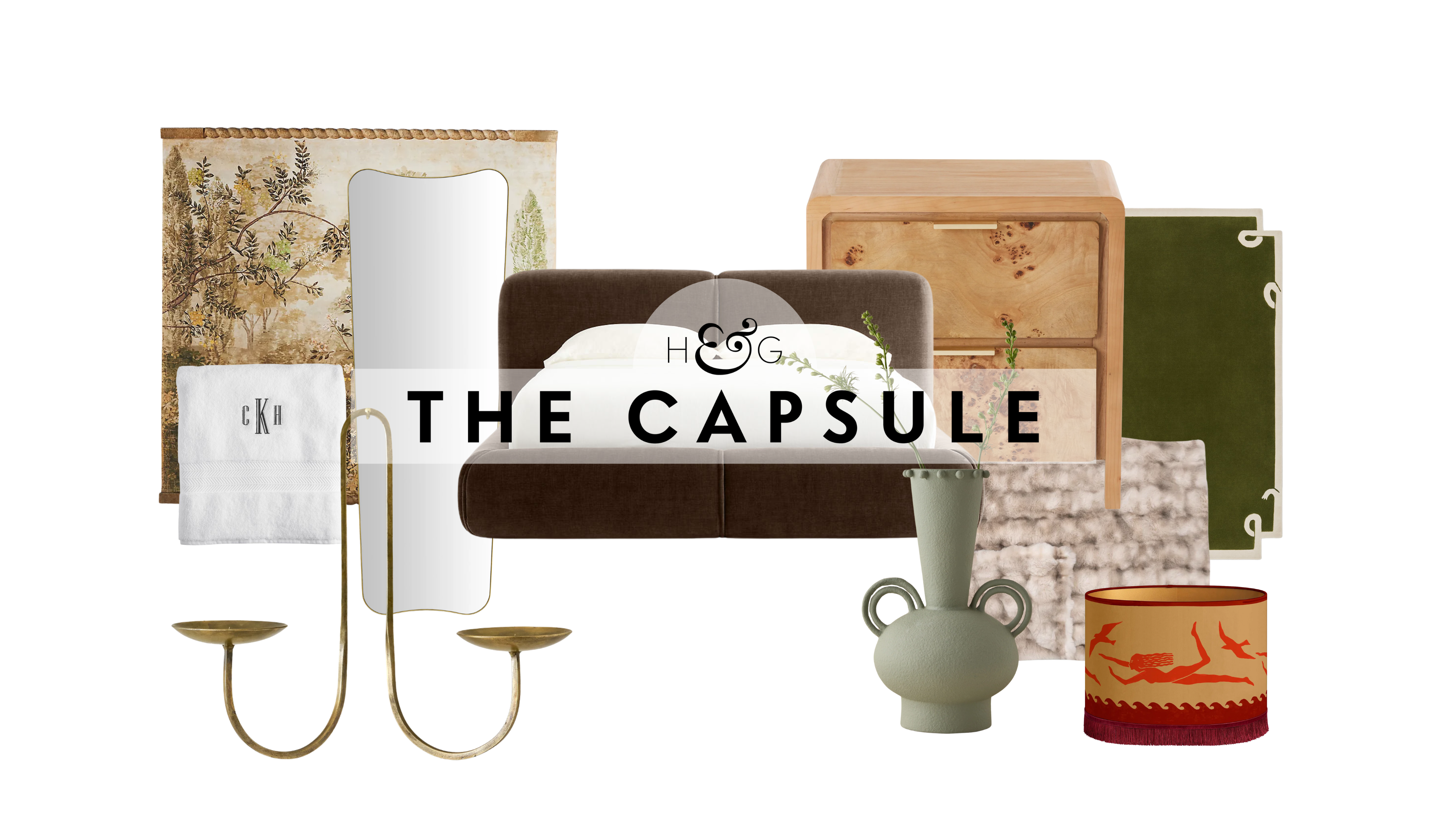 Guest bedroom decor, including a botanical wall tapestry, monogrammed bath towel, brass candle sconce, chocolate brown bed frame, sculptural vase, burl wood nightstand, faux fur blanket, painterly fringe lampshade, and snake ball stems, pictured against a white background